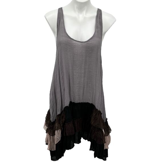 Cecico Ruffle Fairy Rayon Racerback Dress Women's L Grey Tunic Boho Flowy Sheer - Picture 1 of 10